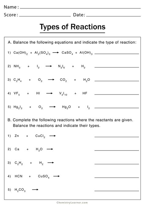 Why not try the " Types Of Chemical Reactions Quiz" and test your knowledge of organic chemistry. . Identifying types of reactions worksheet